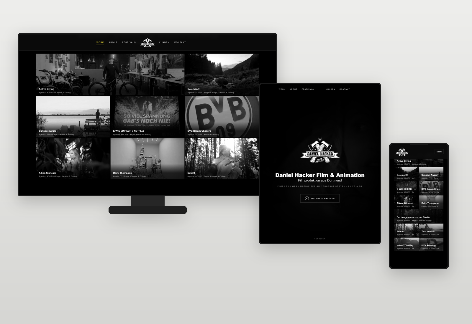 Responsive Filmportfolio-Website von Daniel Hacker auf Desktop, Notebook und Smartphone