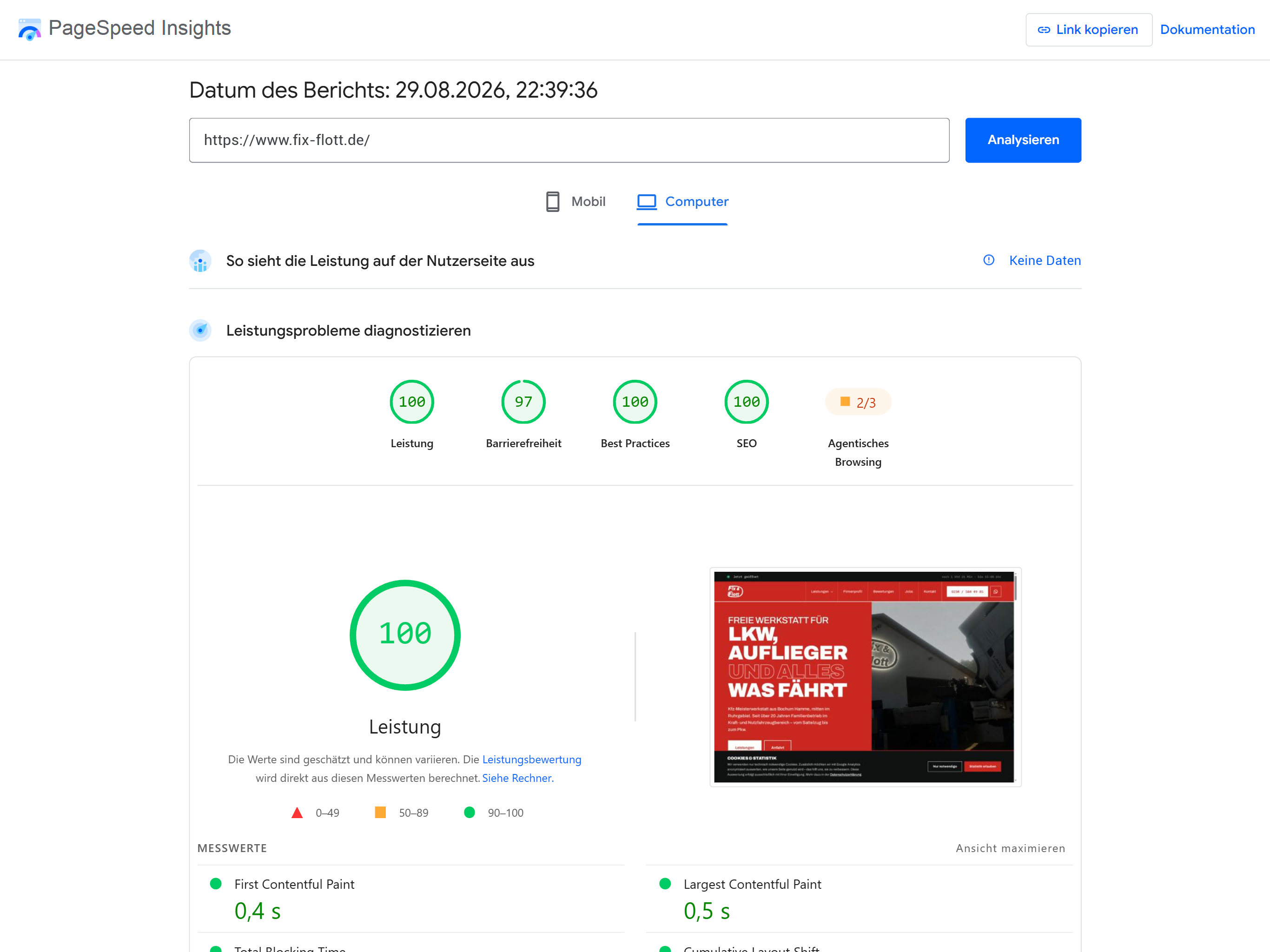 PageSpeed-Insights-Ergebnis von Fix & Flott mit 100 Punkten Leistung und 100 Punkten SEO am Desktop
