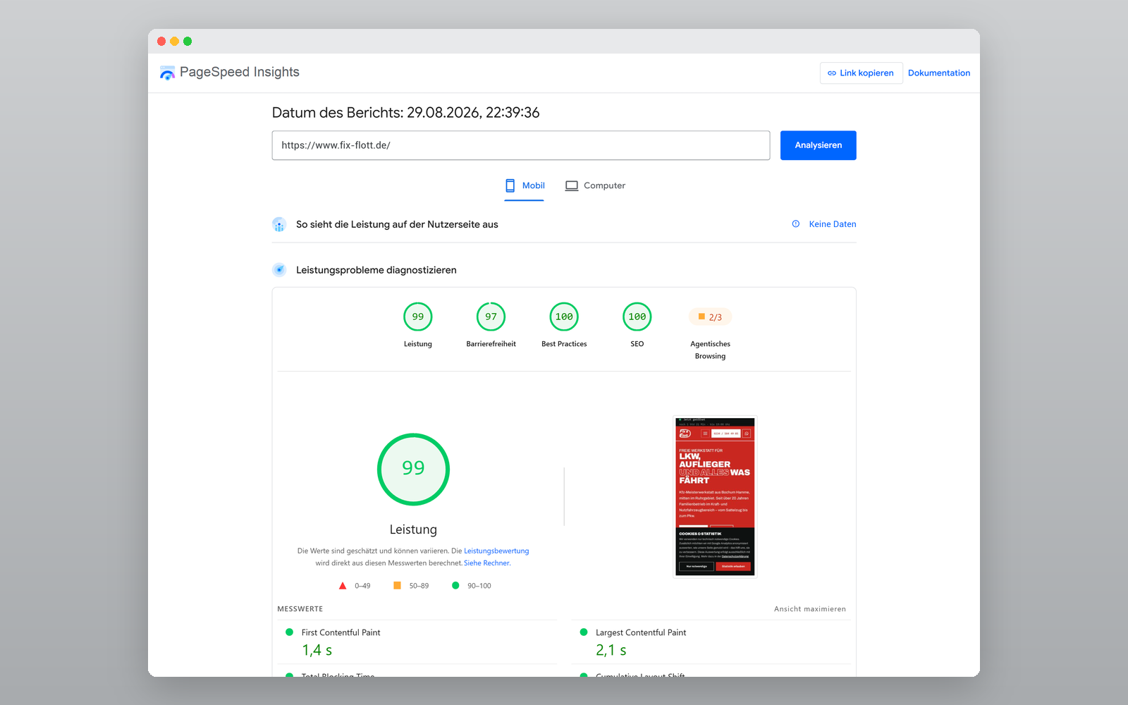 PageSpeed-Insights-Ergebnis von Fix & Flott mit 99 Punkten Leistung und 100 Punkten SEO mobil