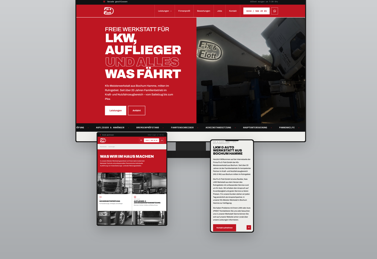 Responsive Werkstatt-Website von Fix & Flott auf drei Endgeräten