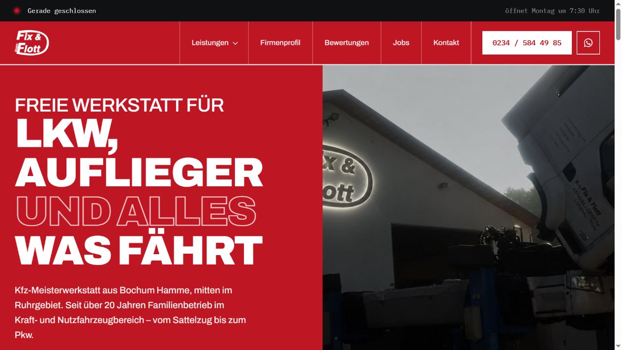 Startseite der Werkstatt-Website von Fix & Flott im Desktopformat