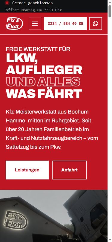 Mobile Ansicht der Werkstatt-Website von Fix & Flott