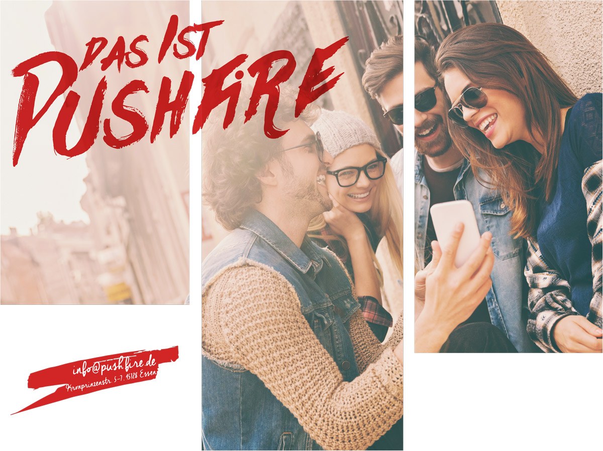 Pushfire-Markenvisual mit junger Zielgruppe und Smartphone