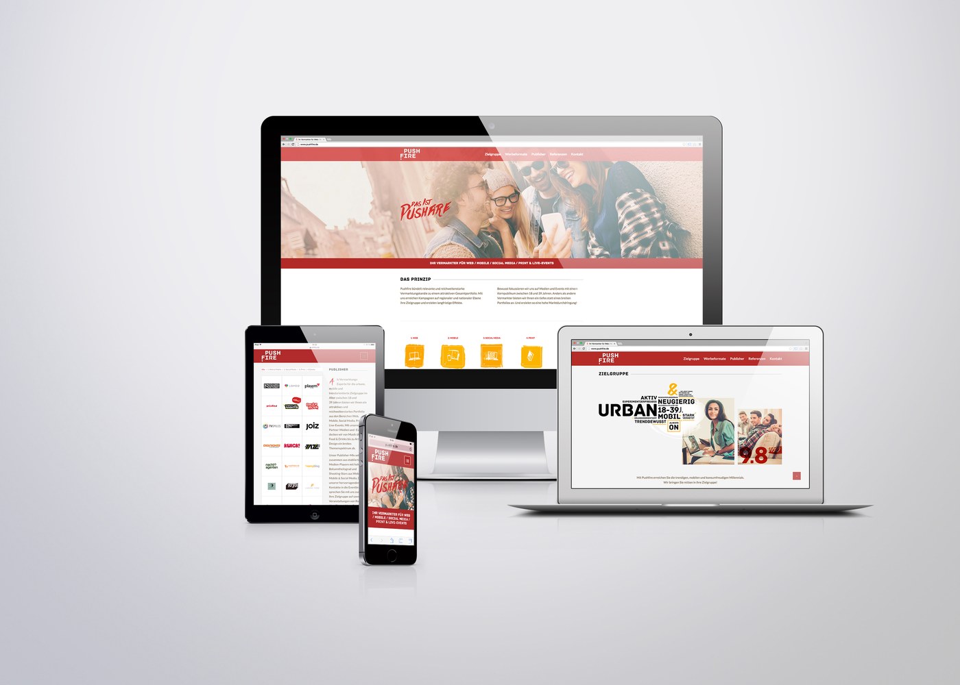 Responsive Pushfire-Website auf Desktop, Tablet und Smartphone