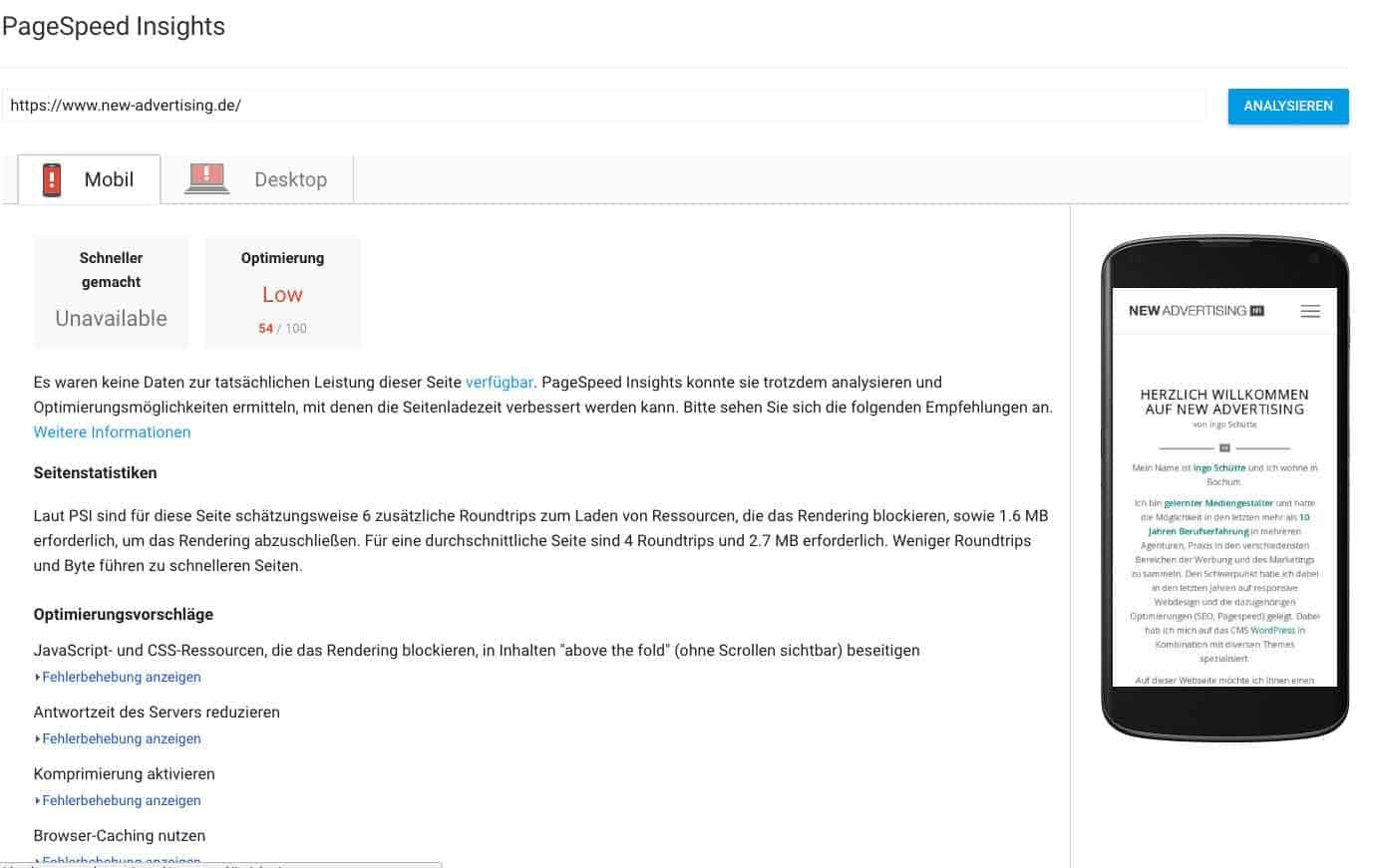 Google-PageSpeed-Ergebnis vor der Optimierung einer WordPress-Website